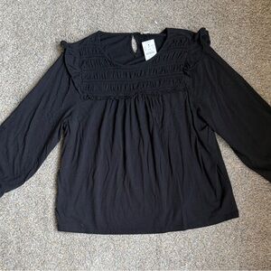 J crew Elegant Black Women's smocked ruffle shoulder knit Top size XXL NWT